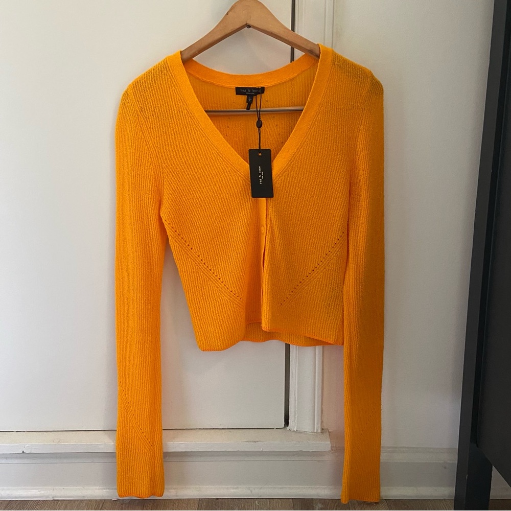 rag & bone Bright Orange V-Neck Cropped Cardigan